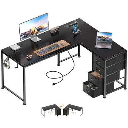 Korfile 53 Inch L Shaped Computer Desk with Power Outlets & Drawers, Black