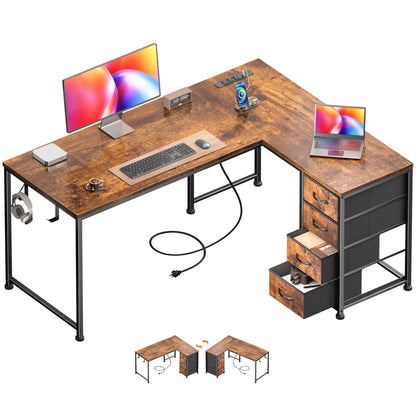 Korfile 53 Inch L Shaped Computer Desk with Power Outlets & Drawers, Rustic Brown