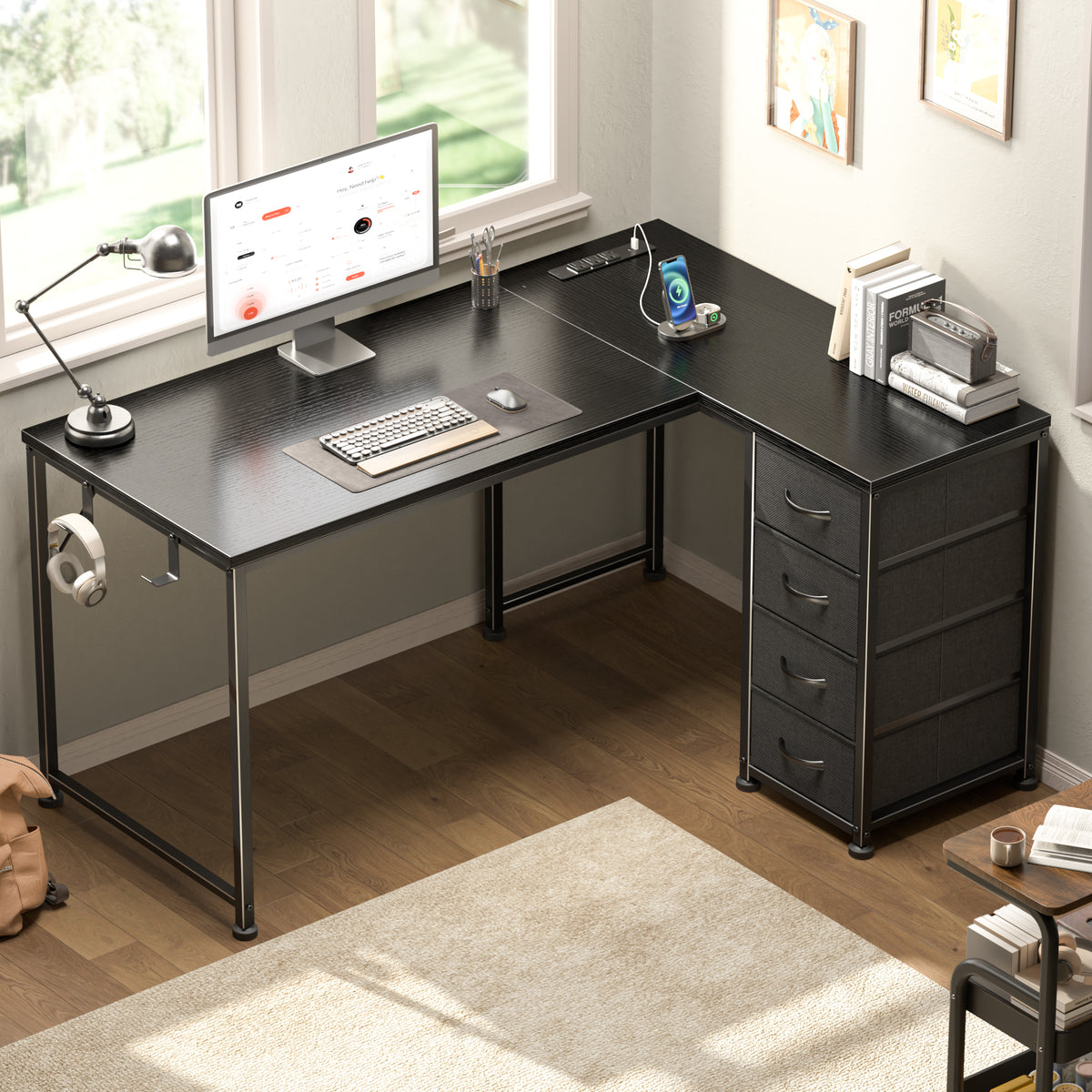 Korfile 43 Inch L Shaped Computer Desk with Power Outlets & Drawers, Black