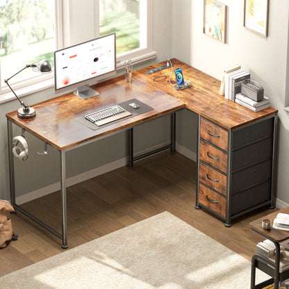 Korfile 43 Inch L Shaped Computer Desk with Power Outlets & Drawers, Rustic Brown