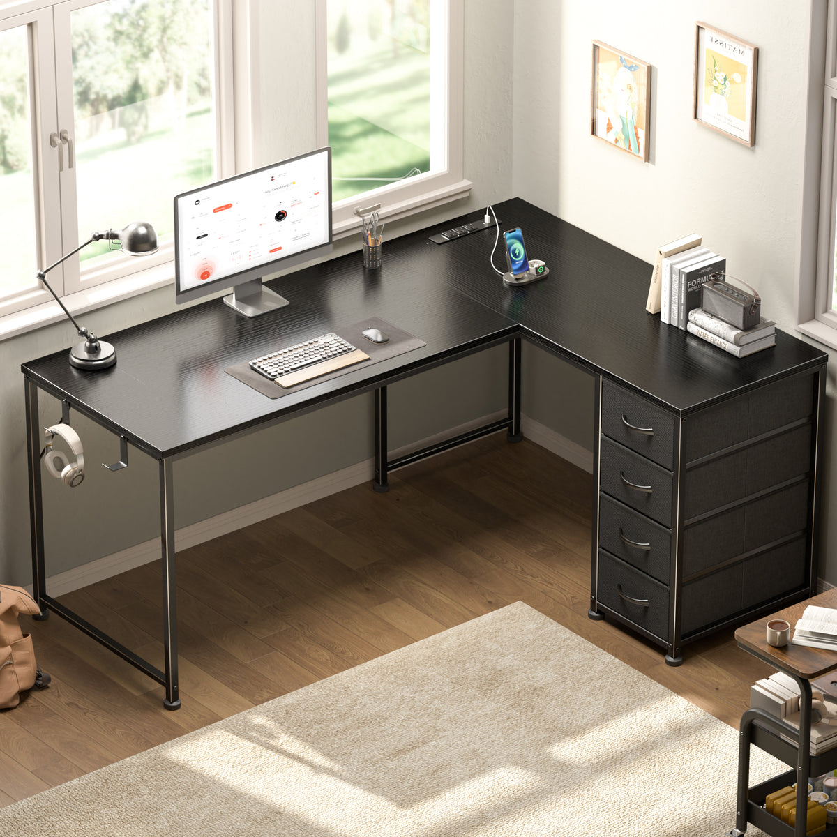 Korfile 53 Inch L Shaped Computer Desk with Power Outlets & Drawers, Black