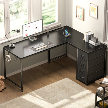 Korfile 53 Inch L Shaped Computer Desk with Power Outlets & Drawers, Black