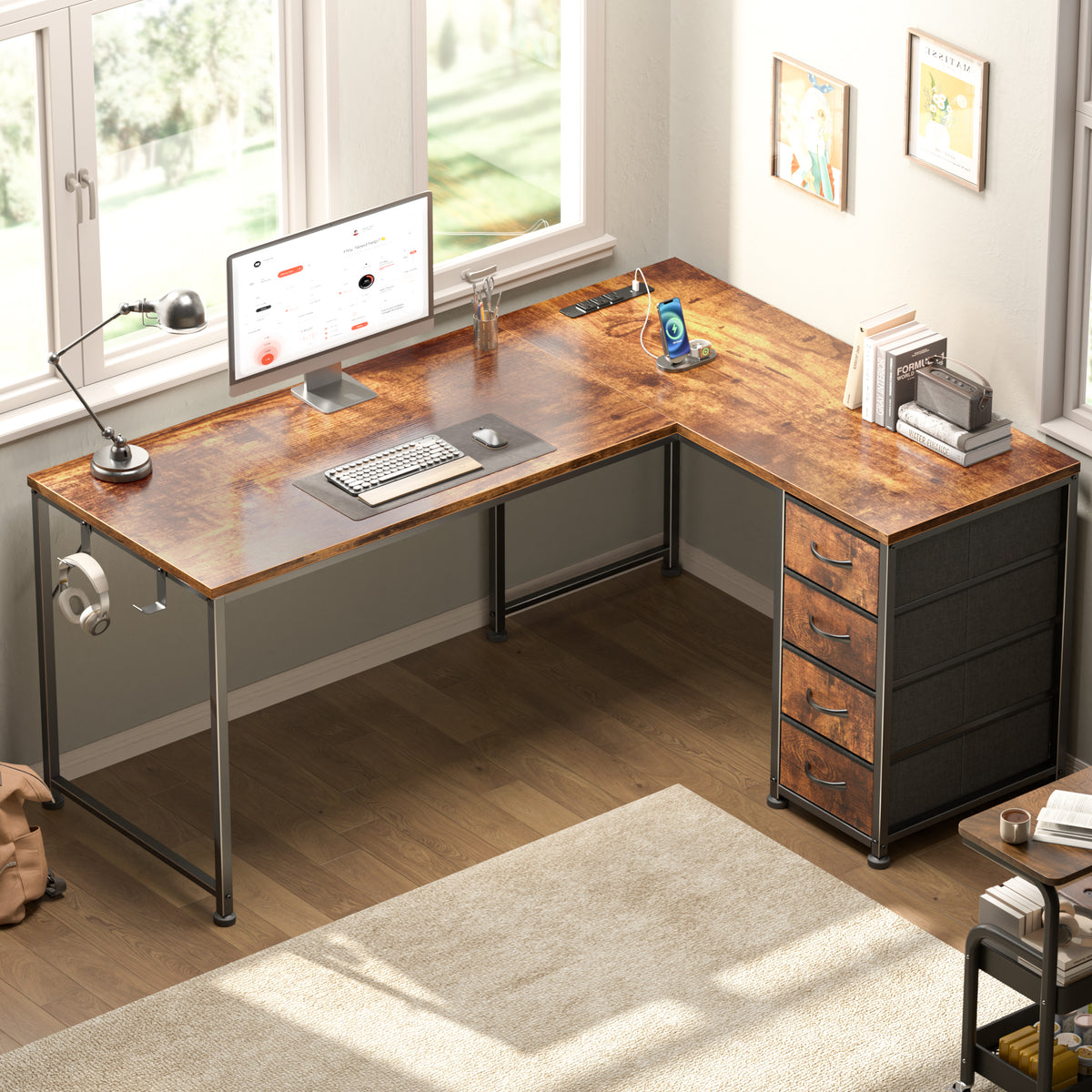 Korfile 53 Inch L Shaped Computer Desk with Power Outlets & Drawers, Rustic Brown