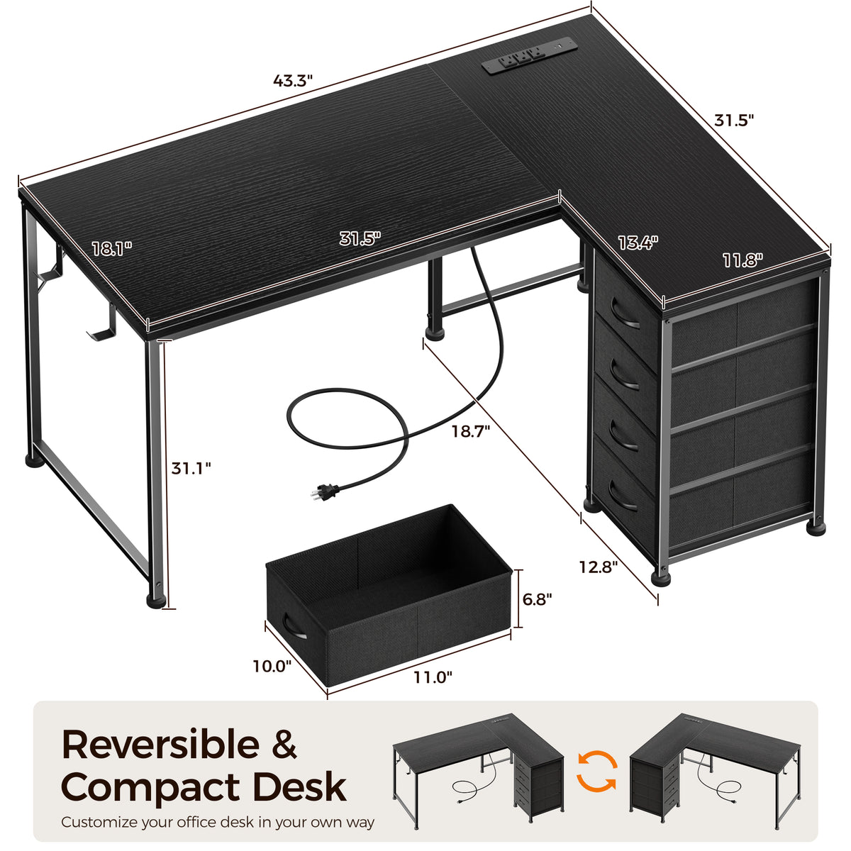 Korfile 43 Inch L Shaped Computer Desk with Power Outlets & Drawers, Black