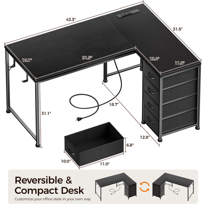 Korfile 43 Inch L Shaped Computer Desk with Power Outlets & Drawers, Black