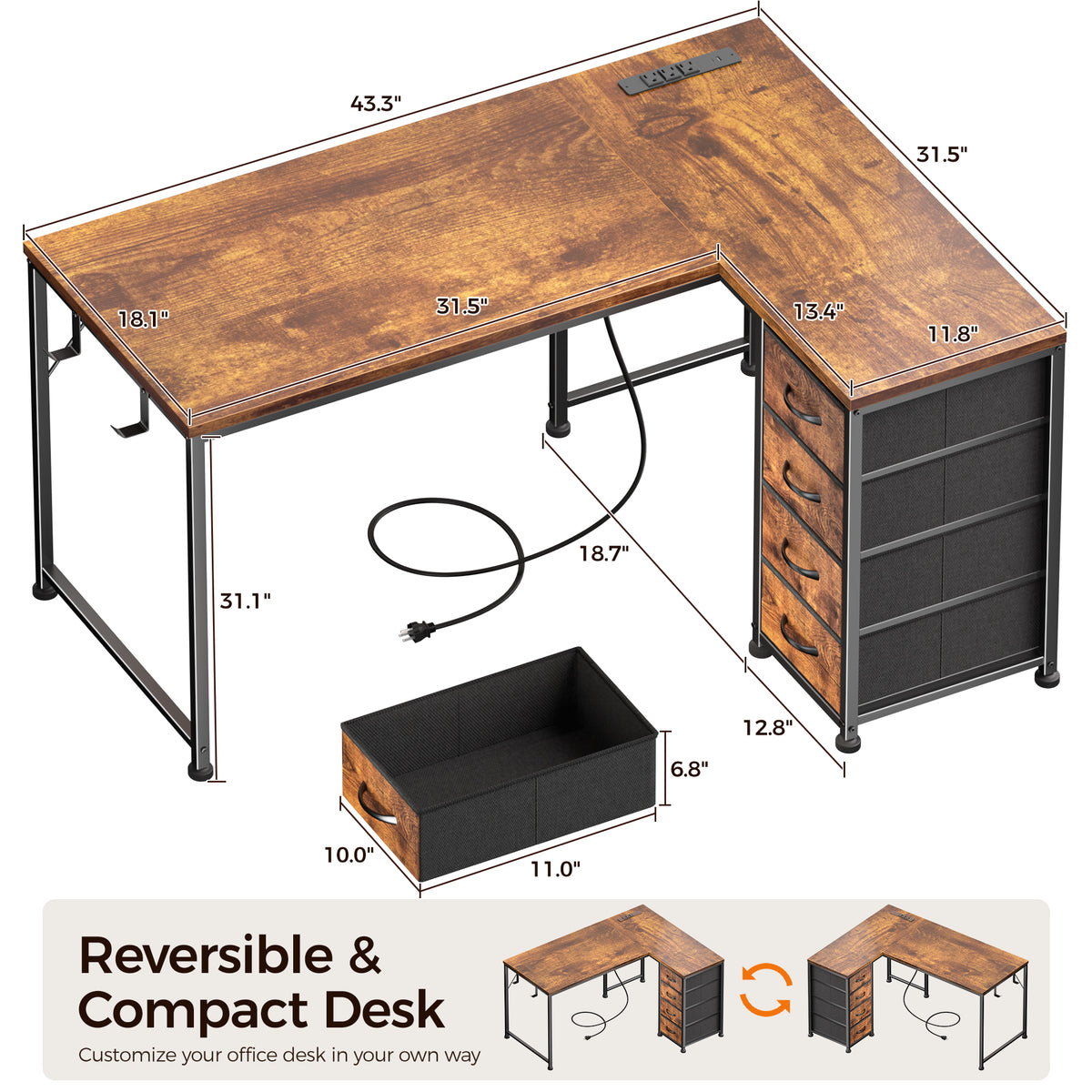 Korfile 43 Inch L Shaped Computer Desk with Power Outlets & Drawers, Rustic Brown