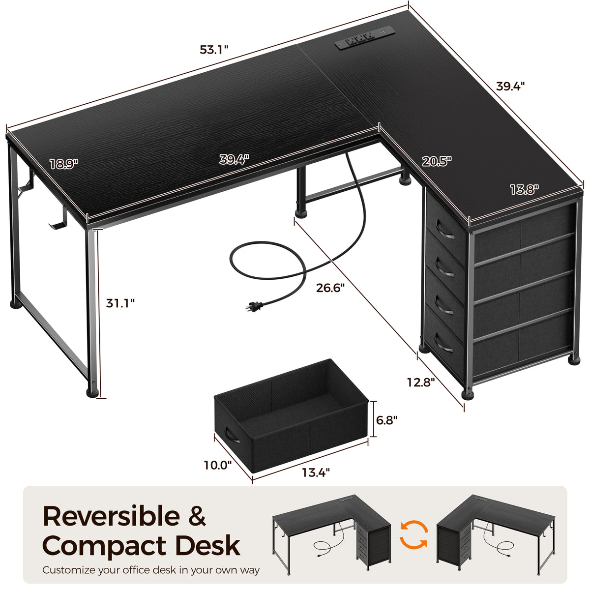 Korfile 53 Inch L Shaped Computer Desk with Power Outlets & Drawers, Black