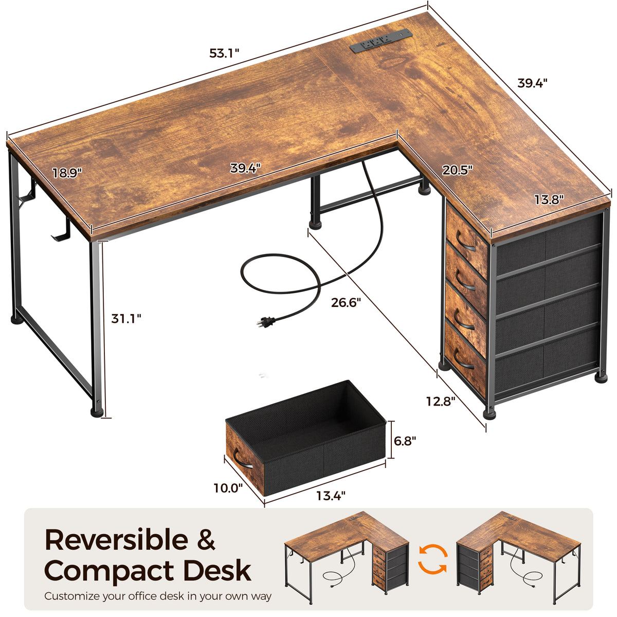 Korfile 53 Inch L Shaped Computer Desk with Power Outlets & Drawers, Rustic Brown