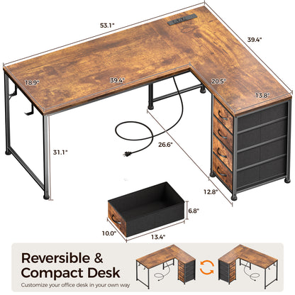 Korfile 53 Inch L Shaped Computer Desk with Power Outlets & Drawers, Rustic Brown