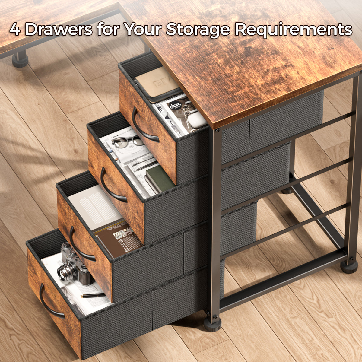 Korfile 53 Inch L Shaped Computer Desk with Power Outlets & Drawers, Rustic Brown