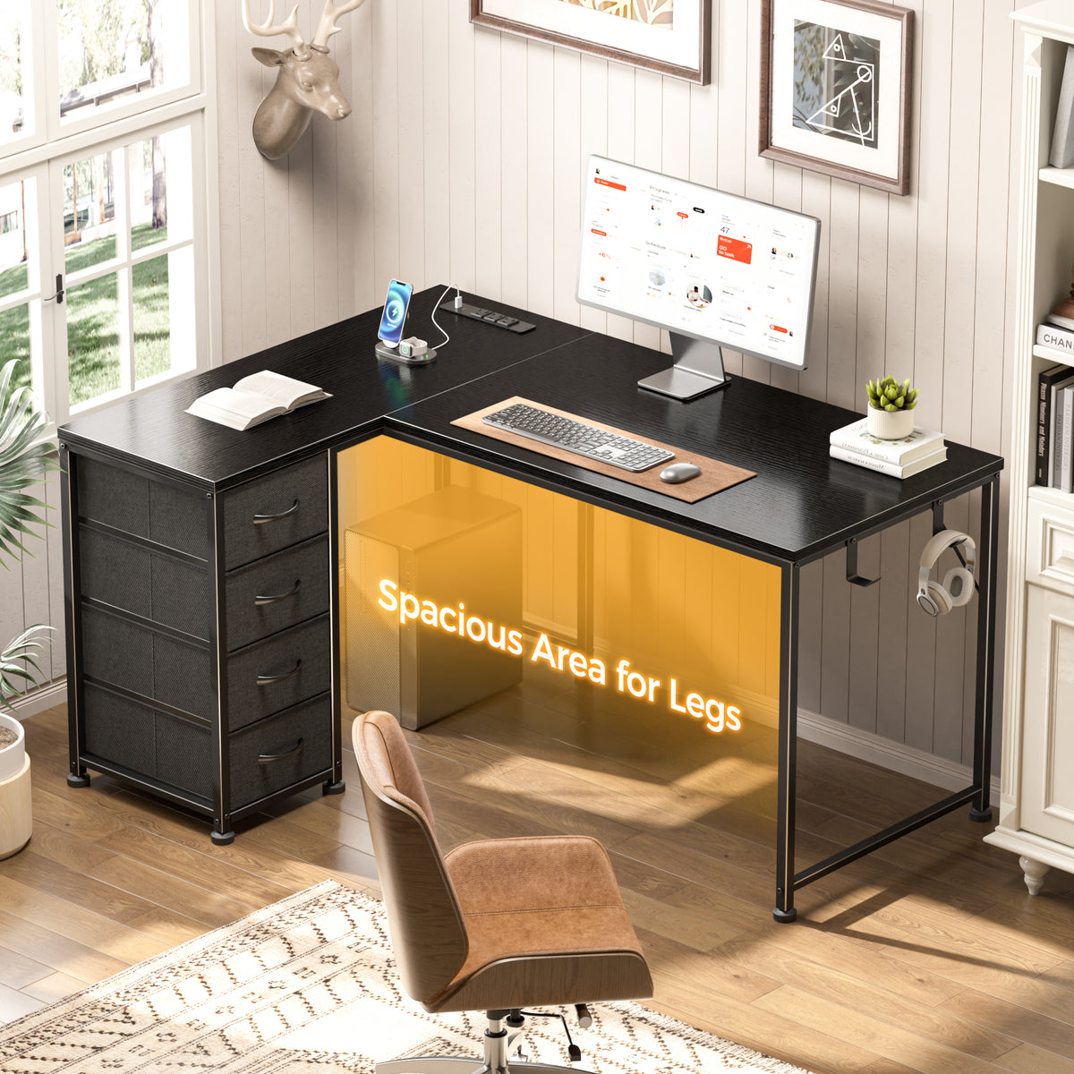 Korfile 43 Inch L Shaped Computer Desk with Power Outlets & Drawers, Black