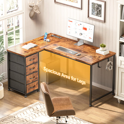 Korfile 43 Inch L Shaped Computer Desk with Power Outlets & Drawers, Rustic Brown