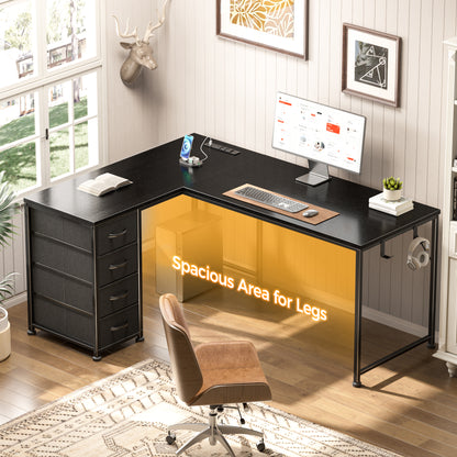Korfile 53 Inch L Shaped Computer Desk with Power Outlets & Drawers, Black