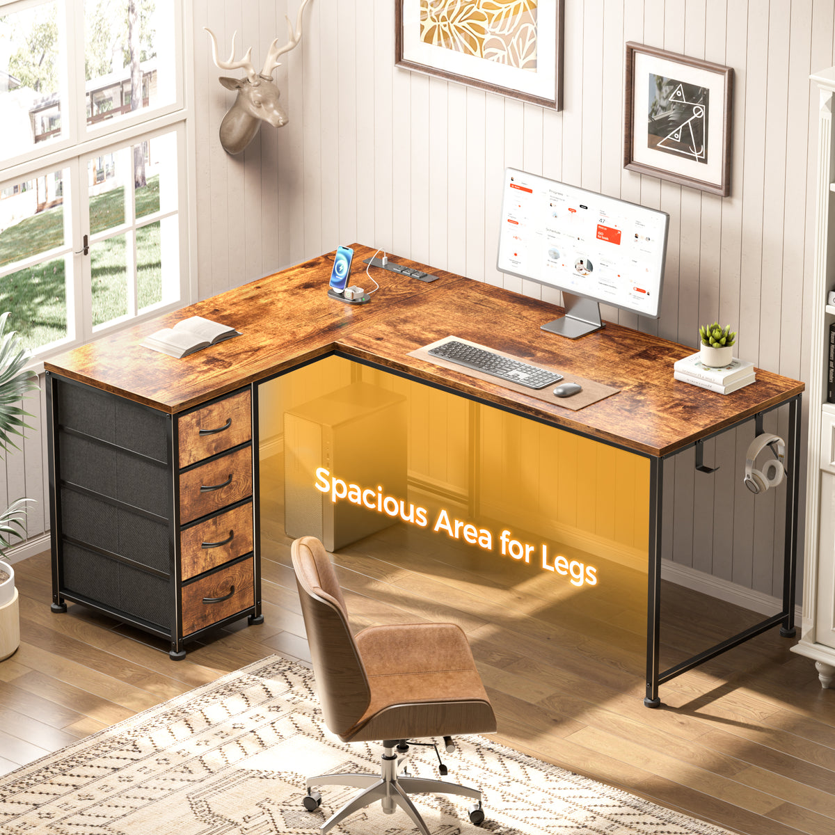 Korfile 53 Inch L Shaped Computer Desk with Power Outlets & Drawers, Rustic Brown
