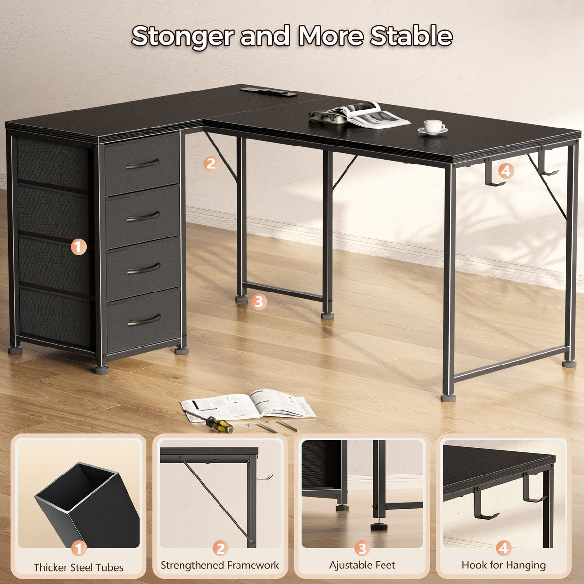 Korfile 43 Inch L Shaped Computer Desk with Power Outlets & Drawers, Black