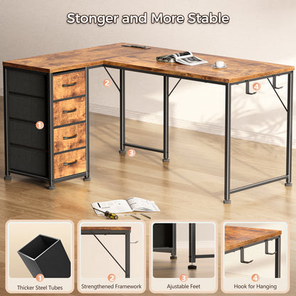 Korfile 43 Inch L Shaped Computer Desk with Power Outlets & Drawers, Rustic Brown