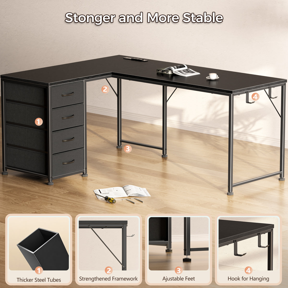 Korfile 53 Inch L Shaped Computer Desk with Power Outlets & Drawers, Black