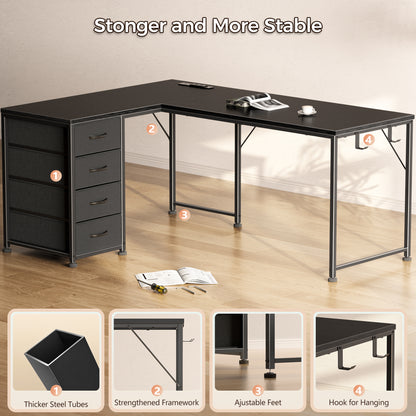 Korfile 53 Inch L Shaped Computer Desk with Power Outlets & Drawers, Black