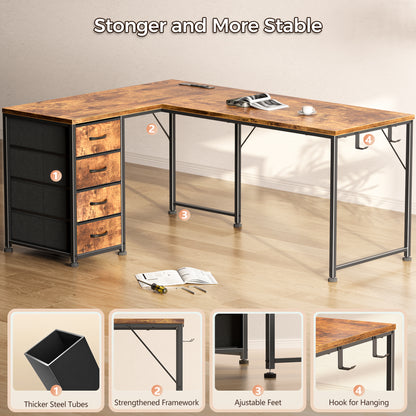Korfile 53 Inch L Shaped Computer Desk with Power Outlets & Drawers, Rustic Brown