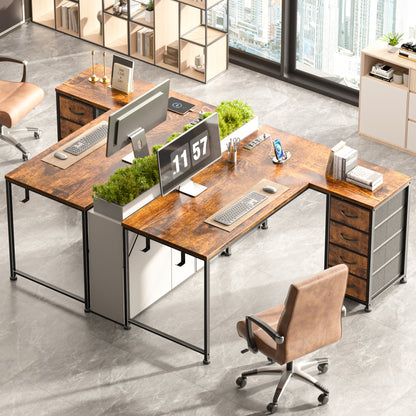 Korfile 43 Inch L Shaped Computer Desk with Power Outlets & Drawers, Rustic Brown
