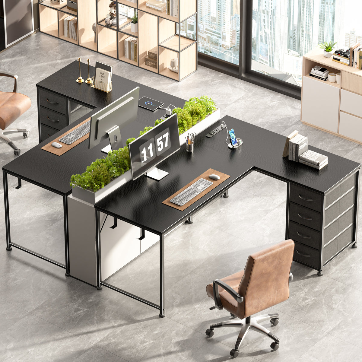 Korfile 53 Inch L Shaped Computer Desk with Power Outlets & Drawers, Black