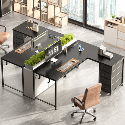 Korfile 53 Inch L Shaped Computer Desk with Power Outlets & Drawers, Black
