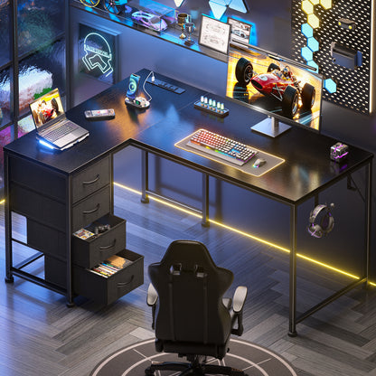 Korfile 43 Inch L Shaped Computer Desk with Power Outlets & Drawers, Black