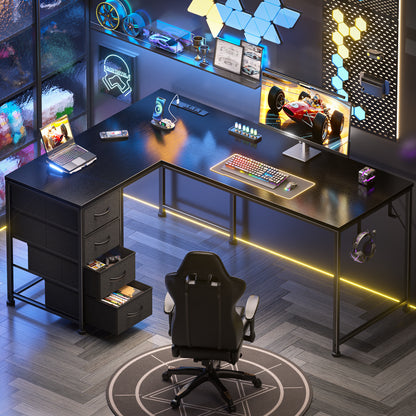 Korfile 53 Inch L Shaped Computer Desk with Power Outlets & Drawers, Black