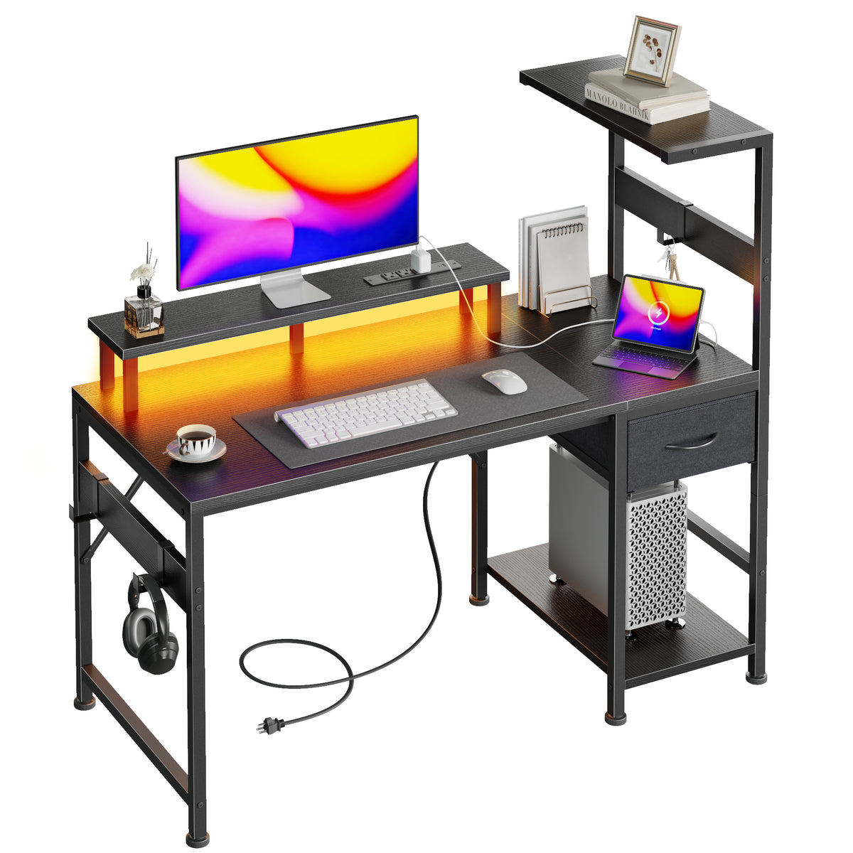 Korfile 48" Computer Desk with Power Outlets, LED, Side Hooks, CPU Stand
| 220-lb Load Capacity, Zero Wobble, Reversible Home Office Desk with Monitor Stand, Storage Shelves for Bedroom, Study Room