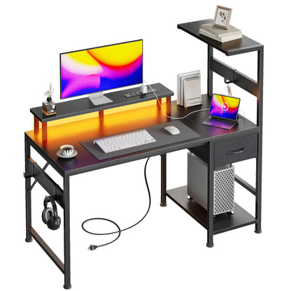 Korfile 48" Computer Desk with Power Outlets, LED, Side Hooks, CPU Stand
| 220-lb Load Capacity, Zero Wobble, Reversible Home Office Desk with Monitor Stand, Storage Shelves for Bedroom, Study Room