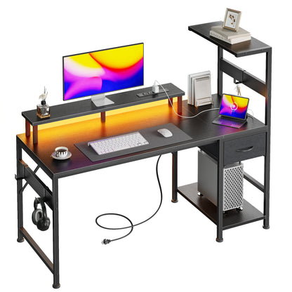Korfile 54" Computer Desk with Power Outlets, LED, Side Hooks, CPU Stand
| 220-lb Load Capacity, Zero Wobble, Reversible Home Office Desk with Monitor Stand, Storage Shelves for Bedroom, Study Room