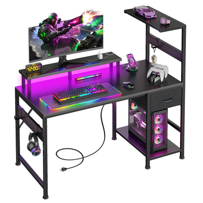 Korfile 48" Gaming Desk with Power Outlets, LED, Carbon Fiber Black Finish
| 220-lb Load Capacity, Zero Wobble, Reversible Computer Desk with Monitor Stand, CPU Stand, Side Hooks, Also for Home Office