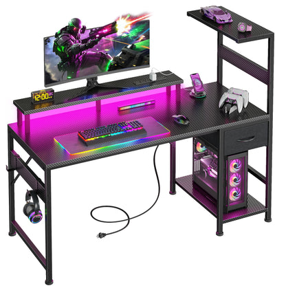 Korfile 54" Gaming Desk with Power Outlets, LED, Carbon Fiber Black Finish
| 220-lb Load Capacity, Zero Wobble, Reversible Computer Desk with Monitor Stand, CPU Stand, Side Hooks, Also for Home Office