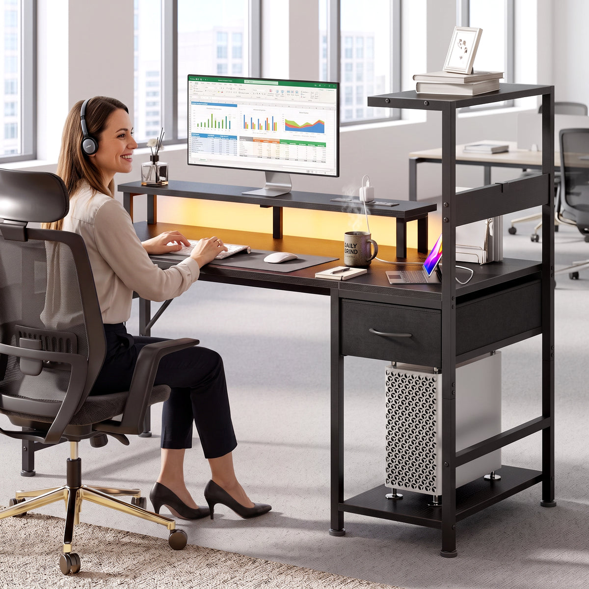 Korfile 48" Computer Desk with Power Outlets, LED, Side Hooks, CPU Stand
| 220-lb Load Capacity, Zero Wobble, Reversible Home Office Desk with Monitor Stand, Storage Shelves for Bedroom, Study Room