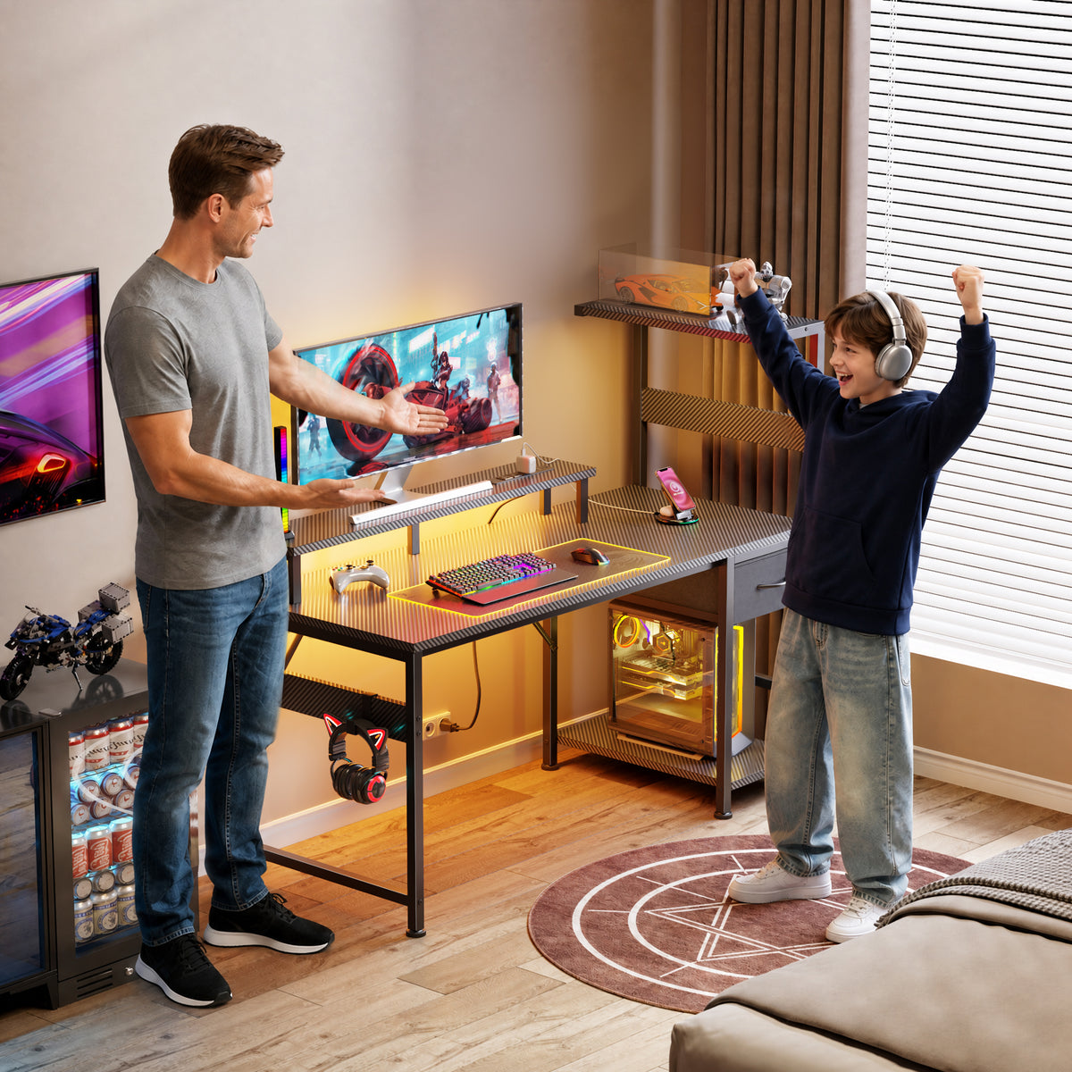 Korfile 54" Gaming Desk with Power Outlets, LED, Carbon Fiber Black Finish
| 220-lb Load Capacity, Zero Wobble, Reversible Computer Desk with Monitor Stand, CPU Stand, Side Hooks, Also for Home Office