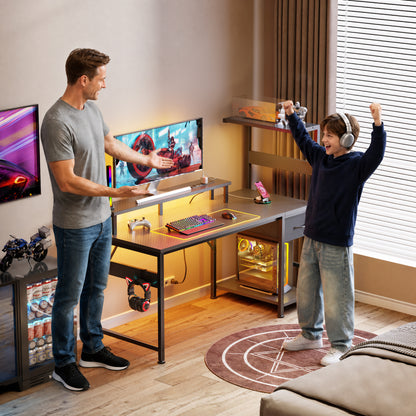 Korfile 54" Gaming Desk with Power Outlets, LED, Carbon Fiber Black Finish
| 220-lb Load Capacity, Zero Wobble, Reversible Computer Desk with Monitor Stand, CPU Stand, Side Hooks, Also for Home Office