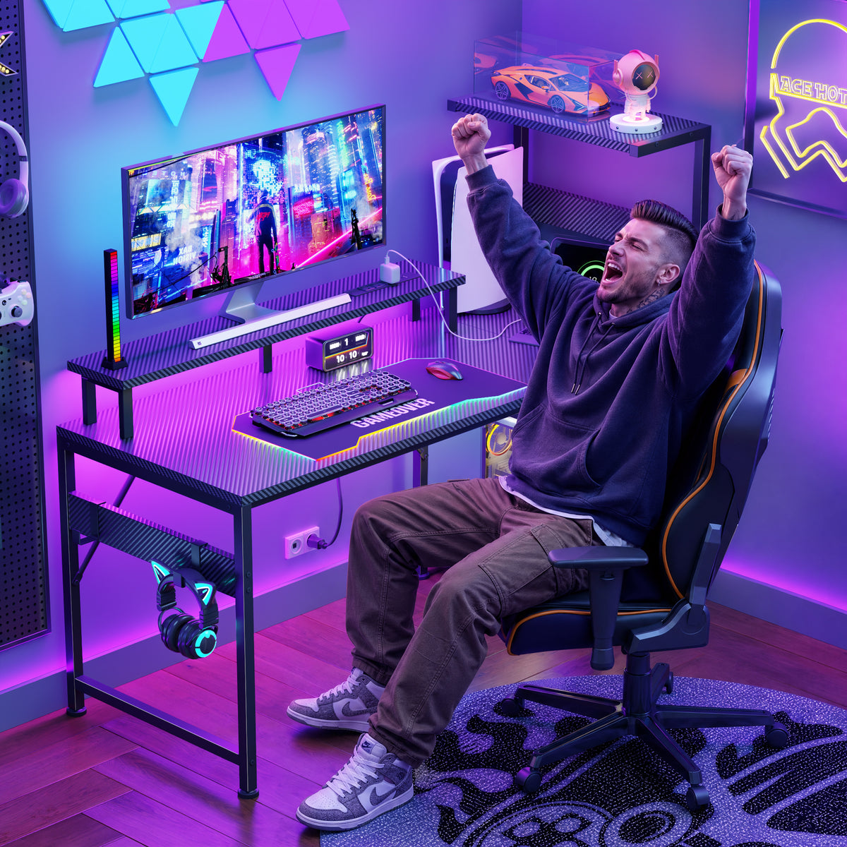 Korfile 54" Gaming Desk with Power Outlets, LED, Carbon Fiber Black Finish
| 220-lb Load Capacity, Zero Wobble, Reversible Computer Desk with Monitor Stand, CPU Stand, Side Hooks, Also for Home Office