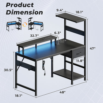 Korfile 48" Computer Desk with Power Outlets, LED, Side Hooks, CPU Stand
| 220-lb Load Capacity, Zero Wobble, Reversible Home Office Desk with Monitor Stand, Storage Shelves for Bedroom, Study Room