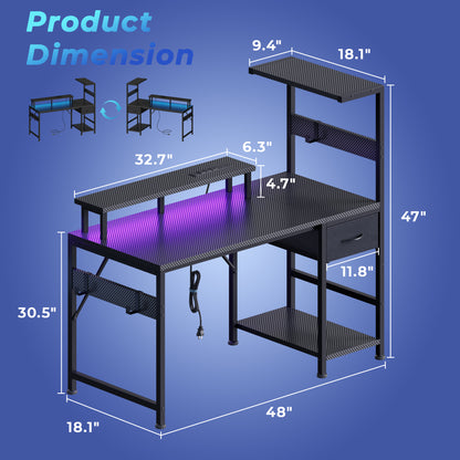 Korfile 48" Gaming Desk with Power Outlets, LED, Carbon Fiber Black Finish
| 220-lb Load Capacity, Zero Wobble, Reversible Computer Desk with Monitor Stand, CPU Stand, Side Hooks, Also for Home Office
