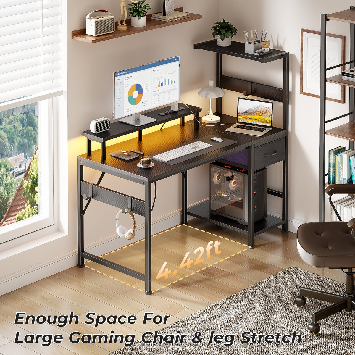Korfile 48" Computer Desk with Power Outlets, LED, Side Hooks, CPU Stand
| 220-lb Load Capacity, Zero Wobble, Reversible Home Office Desk with Monitor Stand, Storage Shelves for Bedroom, Study Room
