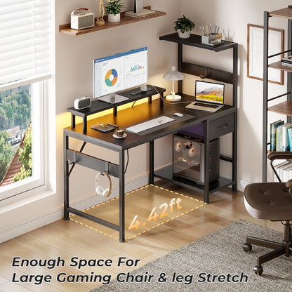 Korfile 48" Computer Desk with Power Outlets, LED, Side Hooks, CPU Stand
| 220-lb Load Capacity, Zero Wobble, Reversible Home Office Desk with Monitor Stand, Storage Shelves for Bedroom, Study Room