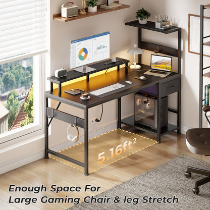 Korfile 54" Computer Desk with Power Outlets, LED, Side Hooks, CPU Stand
| 220-lb Load Capacity, Zero Wobble, Reversible Home Office Desk with Monitor Stand, Storage Shelves for Bedroom, Study Room
