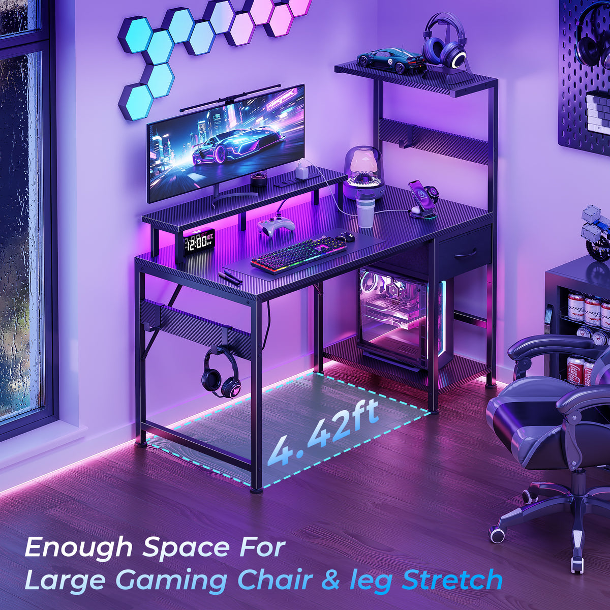 Korfile 48" Gaming Desk with Power Outlets, LED, Carbon Fiber Black Finish
| 220-lb Load Capacity, Zero Wobble, Reversible Computer Desk with Monitor Stand, CPU Stand, Side Hooks, Also for Home Office