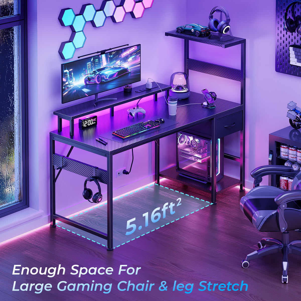 Korfile 54" Gaming Desk with Power Outlets, LED, Carbon Fiber Black Finish
| 220-lb Load Capacity, Zero Wobble, Reversible Computer Desk with Monitor Stand, CPU Stand, Side Hooks, Also for Home Office