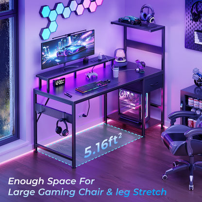 Korfile 54" Gaming Desk with Power Outlets, LED, Carbon Fiber Black Finish
| 220-lb Load Capacity, Zero Wobble, Reversible Computer Desk with Monitor Stand, CPU Stand, Side Hooks, Also for Home Office