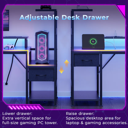 Korfile 48" Gaming Desk with Power Outlets, LED, Carbon Fiber Black Finish
| 220-lb Load Capacity, Zero Wobble, Reversible Computer Desk with Monitor Stand, CPU Stand, Side Hooks, Also for Home Office