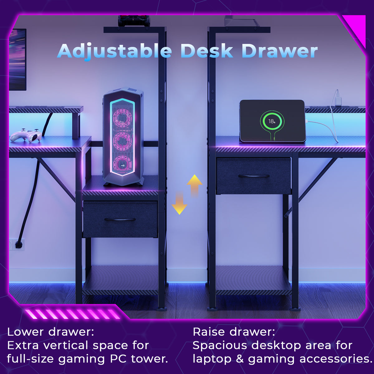 Korfile 54" Gaming Desk with Power Outlets, LED, Carbon Fiber Black Finish
| 220-lb Load Capacity, Zero Wobble, Reversible Computer Desk with Monitor Stand, CPU Stand, Side Hooks, Also for Home Office