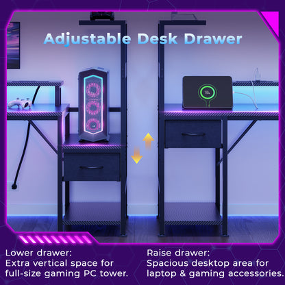 Korfile 54" Gaming Desk with Power Outlets, LED, Carbon Fiber Black Finish
| 220-lb Load Capacity, Zero Wobble, Reversible Computer Desk with Monitor Stand, CPU Stand, Side Hooks, Also for Home Office