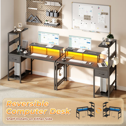 Korfile 48" Computer Desk with Power Outlets, LED, Side Hooks, CPU Stand
| 220-lb Load Capacity, Zero Wobble, Reversible Home Office Desk with Monitor Stand, Storage Shelves for Bedroom, Study Room