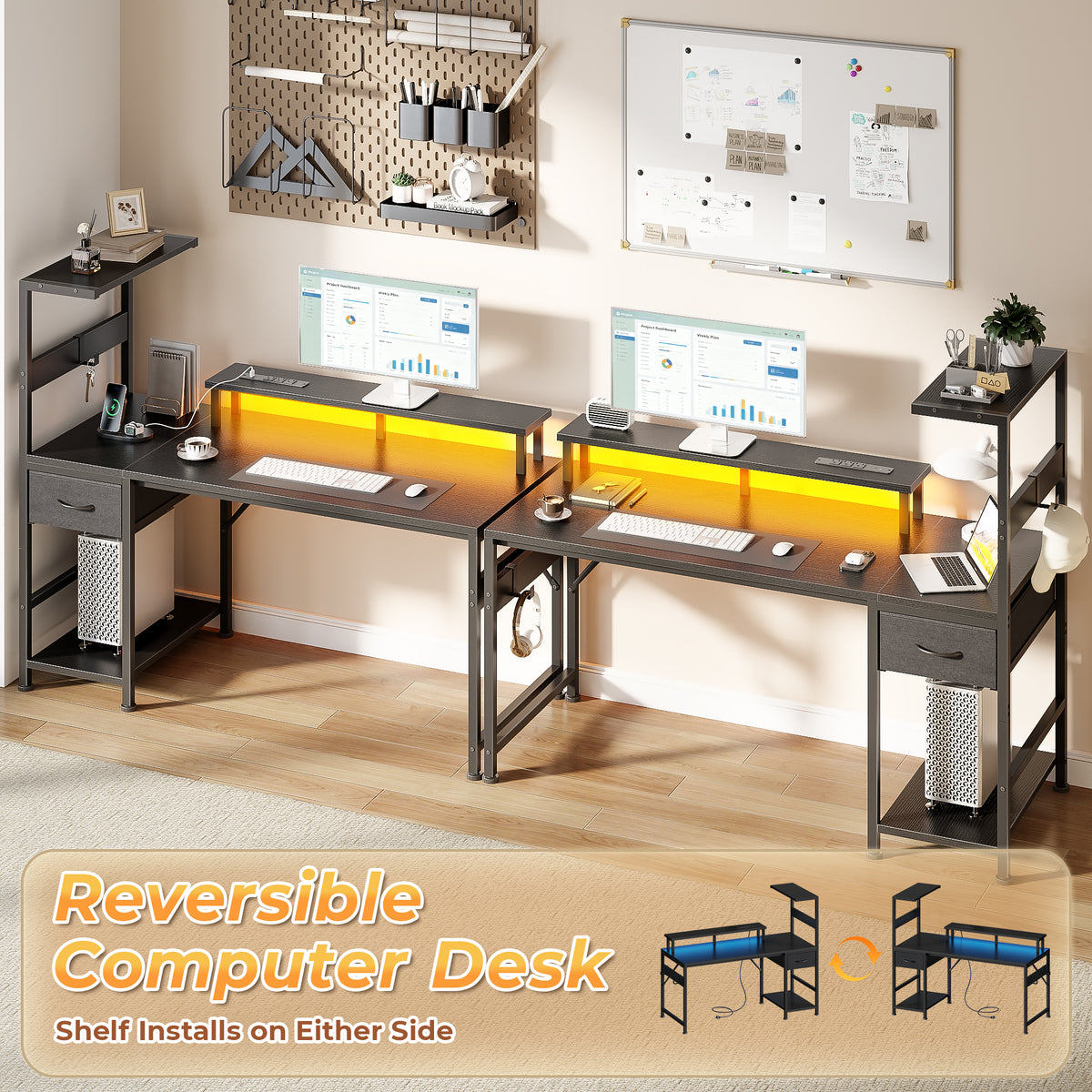 Korfile 54" Computer Desk with Power Outlets, LED, Side Hooks, CPU Stand
| 220-lb Load Capacity, Zero Wobble, Reversible Home Office Desk with Monitor Stand, Storage Shelves for Bedroom, Study Room